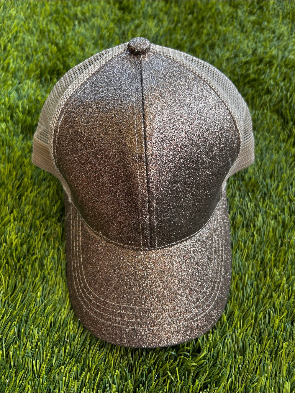 C.C Glitter Mesh Trucker Cap - Tan and Rose Gold